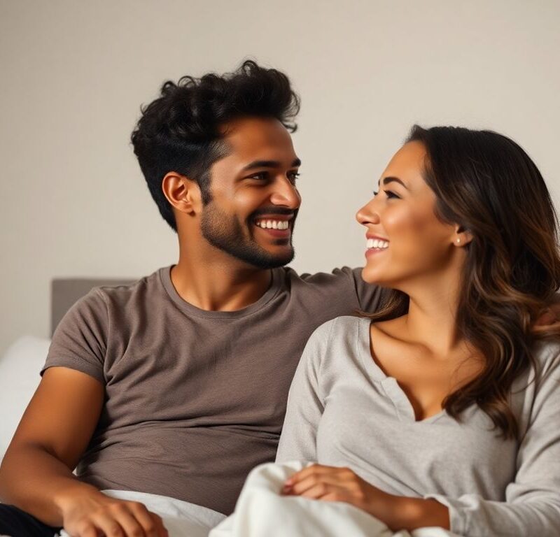 Couple smiling, relaxed and comfortable in a bedroom.