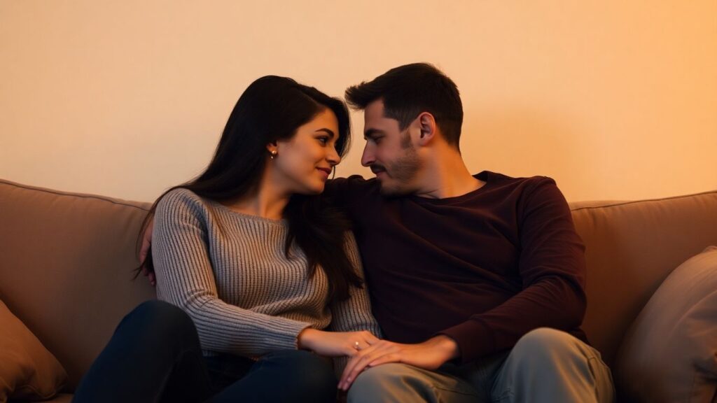Couple talking intimately on a sofa.
