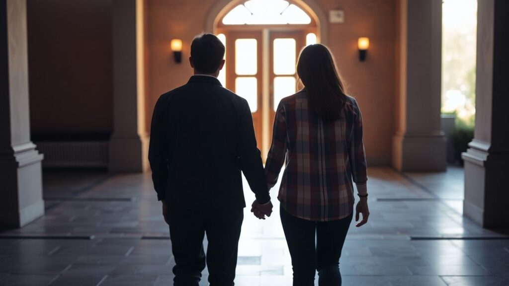 Couple walking towards an inviting doorway