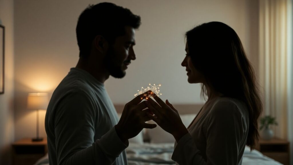 Couple with glowing digital patterns connecting their hands.