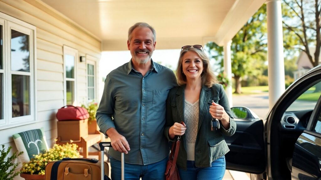 Couple with suitcase and keys ready for new adventures.