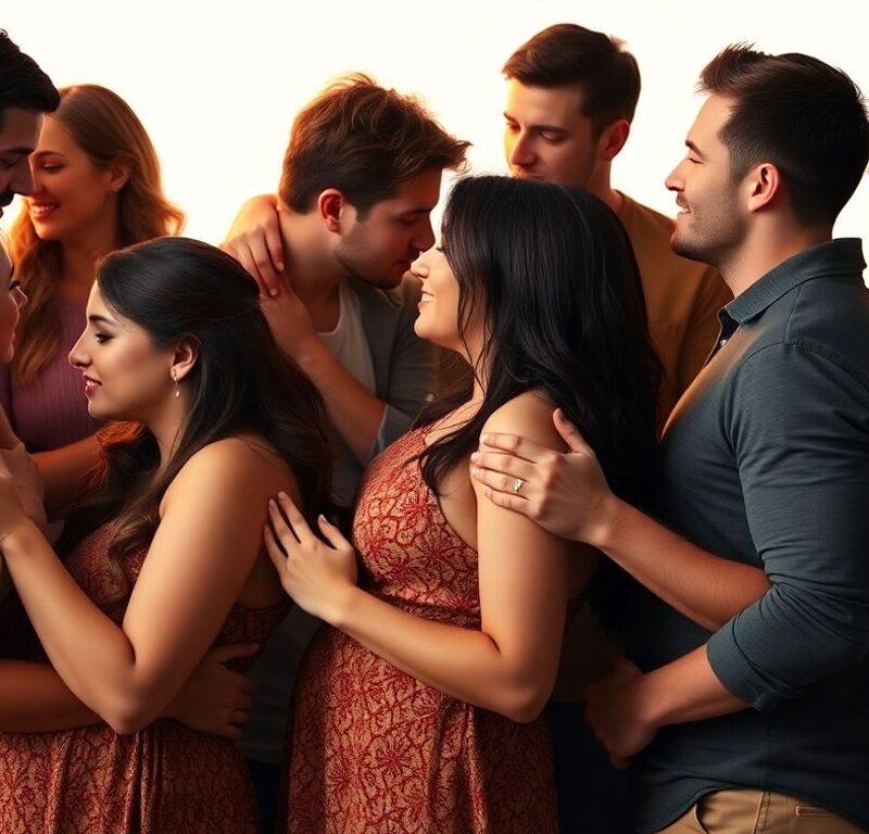 Couples and individuals in affectionate, intimate poses.