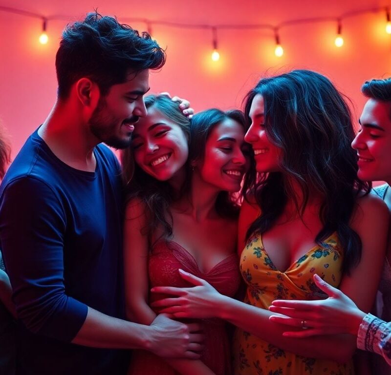 Couples and individuals in intimate, playful polyamorous dating scene.