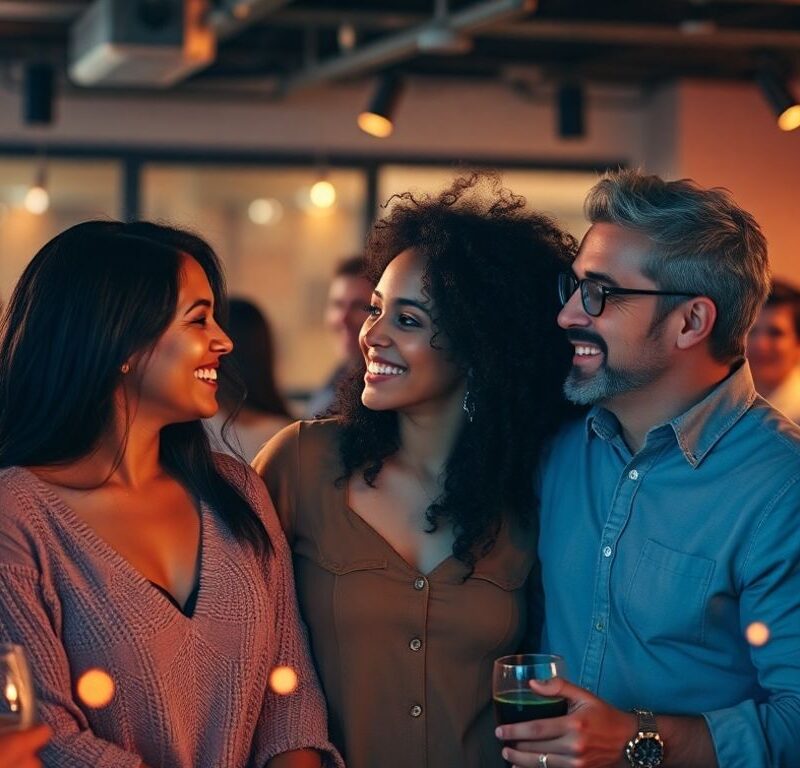 Couples and singles connecting in a modern lounge.