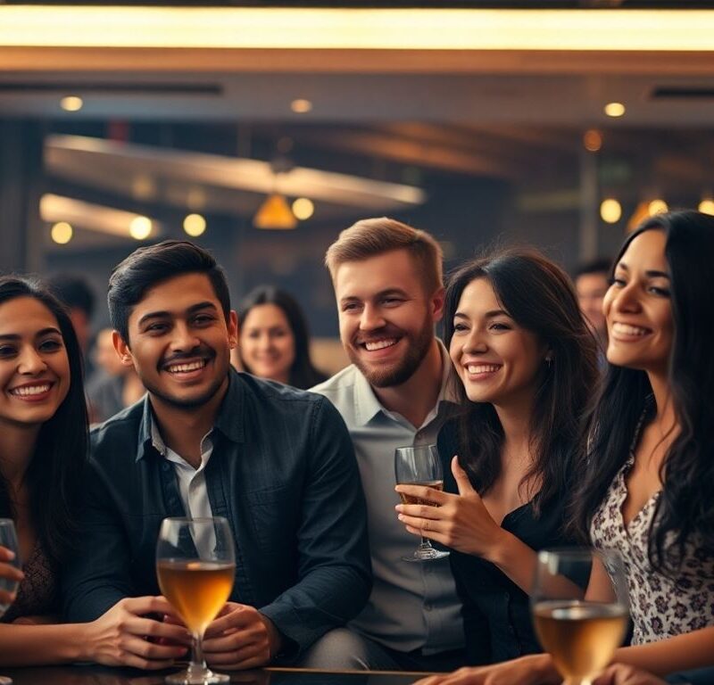 Couples and singles in a lounge with AI patterns.