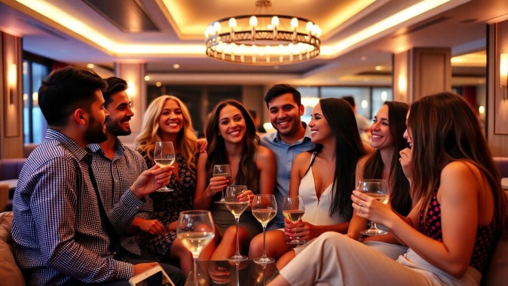 Couples and singles mingling at a sophisticated lounge.