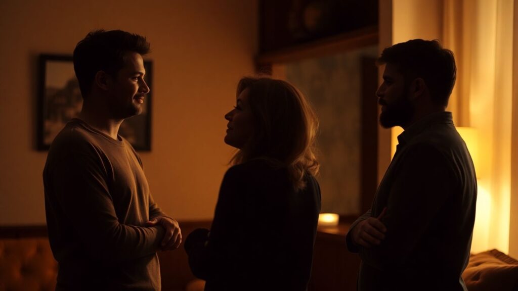 Couples communicating intimately in a softly lit room.