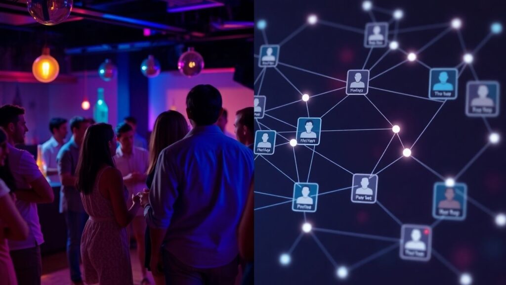 Couples connecting at parties and on digital platforms.