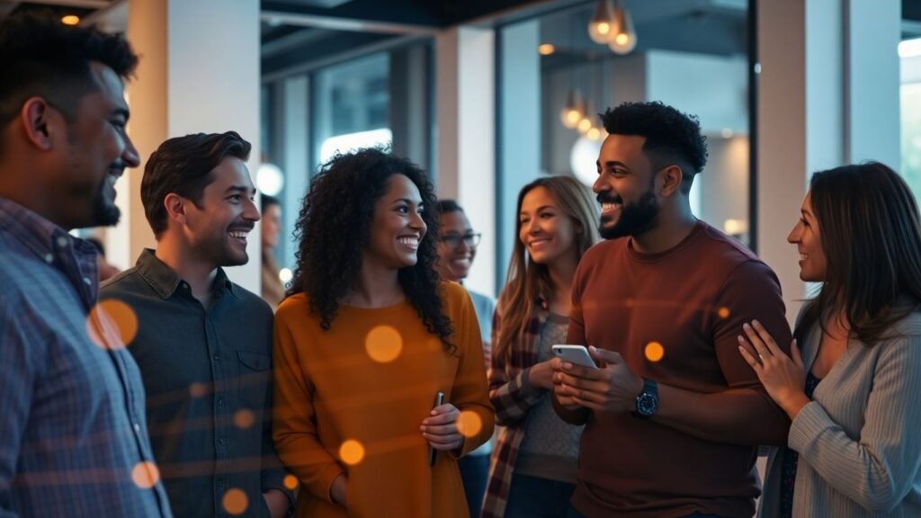 Couples connecting in a modern lounge with digital light trails.