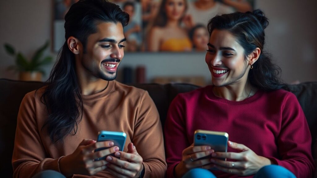 Couples connecting through technology in polyamory.