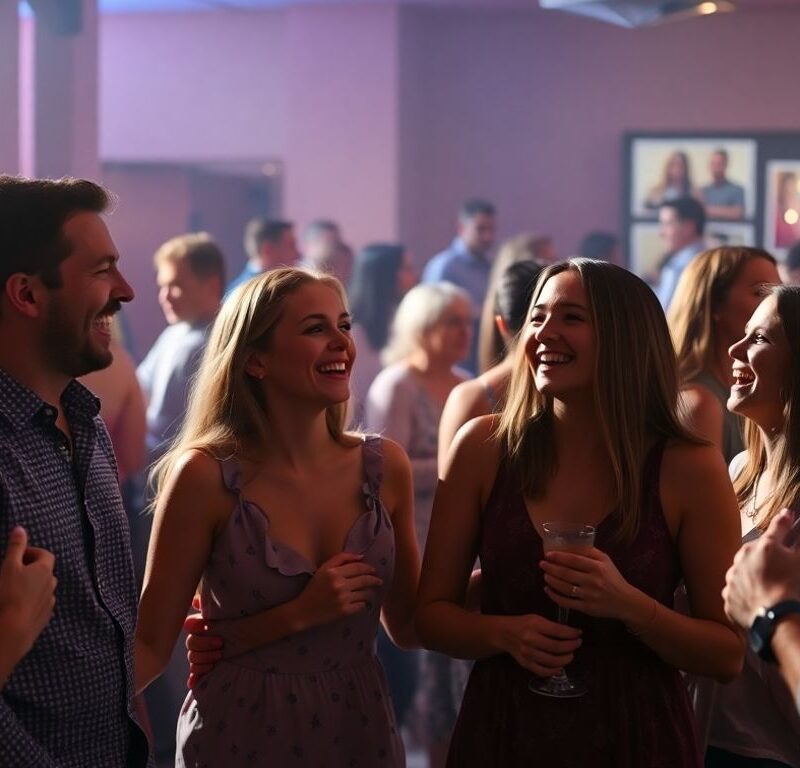 Couples enjoying a lively party atmosphere.