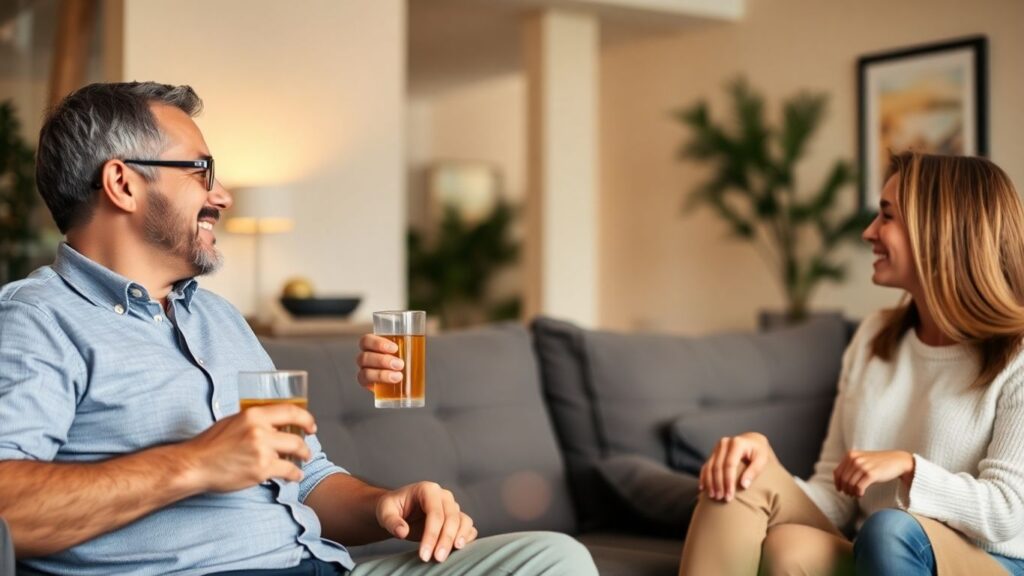 Couples enjoying a social gathering in a comfortable setting.