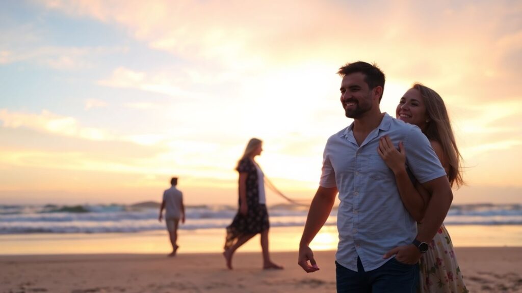 Couples enjoying a sunset on a beach.