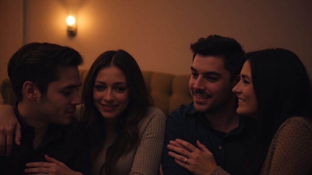 Couples exploring intimacy in a private setting.