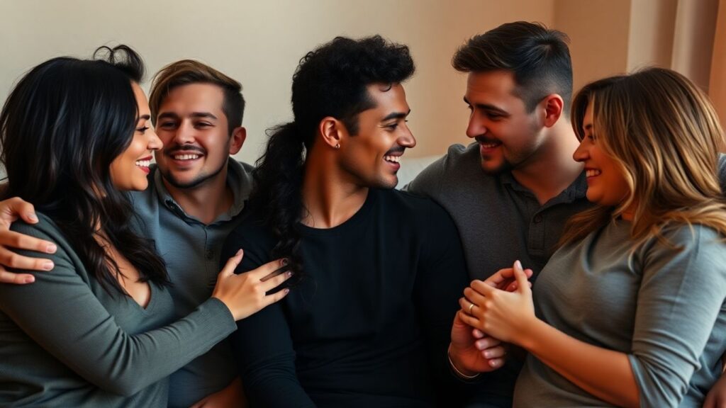 Couples exploring polyamory with affection and connection.