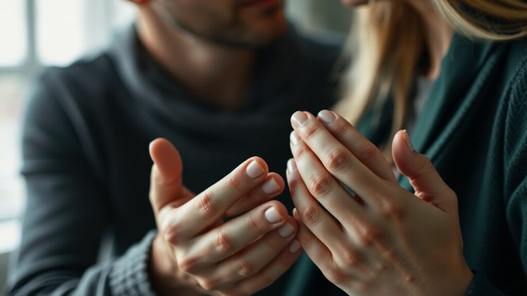 Couple's hands gently touching, conveying subtle connection.