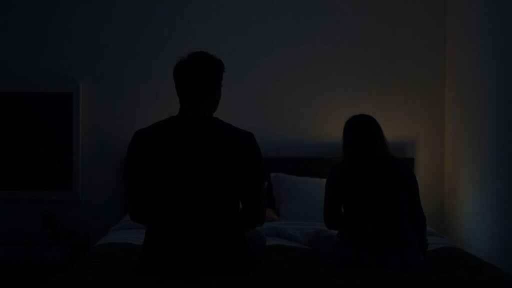 Couples in a bedroom, intimate connection.