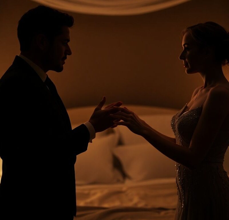 Couples in bedroom sharing intimate glances and touching hands.