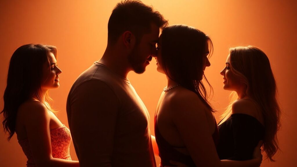 Couples in intimate connections, warm and contrasting light.