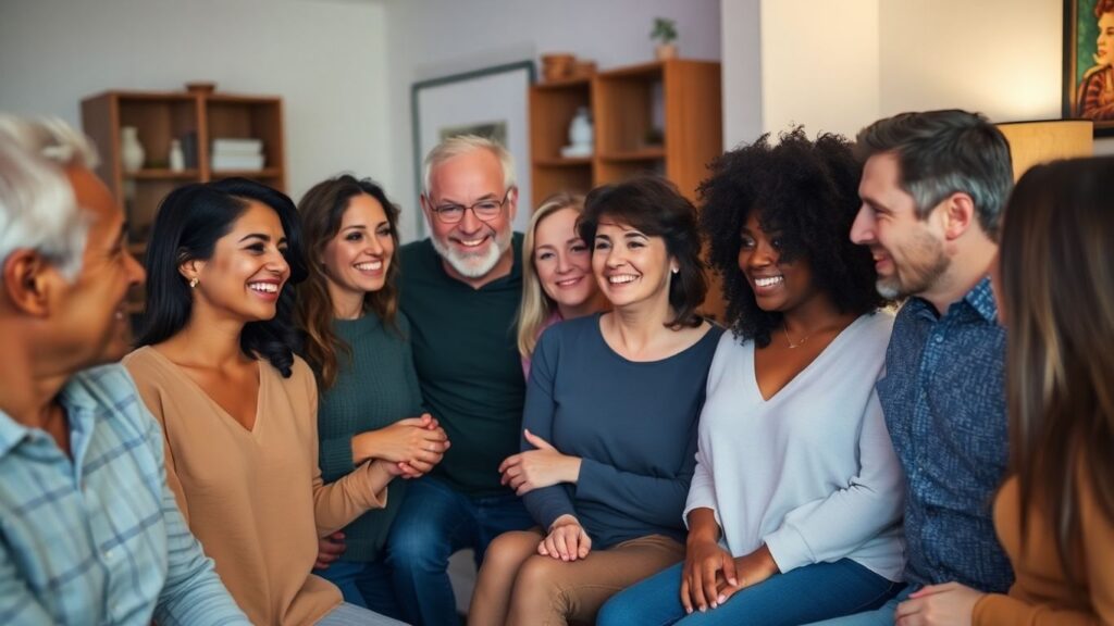 Couples interacting comfortably in a social setting.