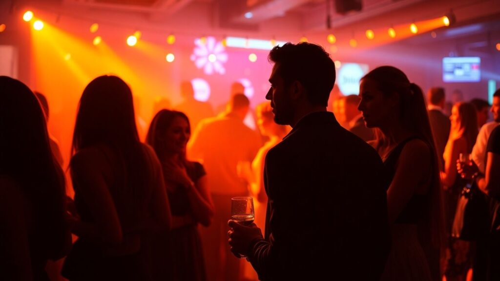 Couples mingling at a modern party with digital connections.