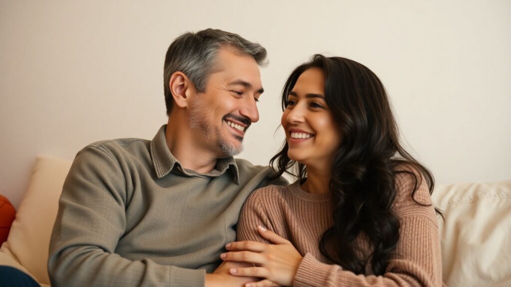 Couples sharing a comfortable, open moment together.