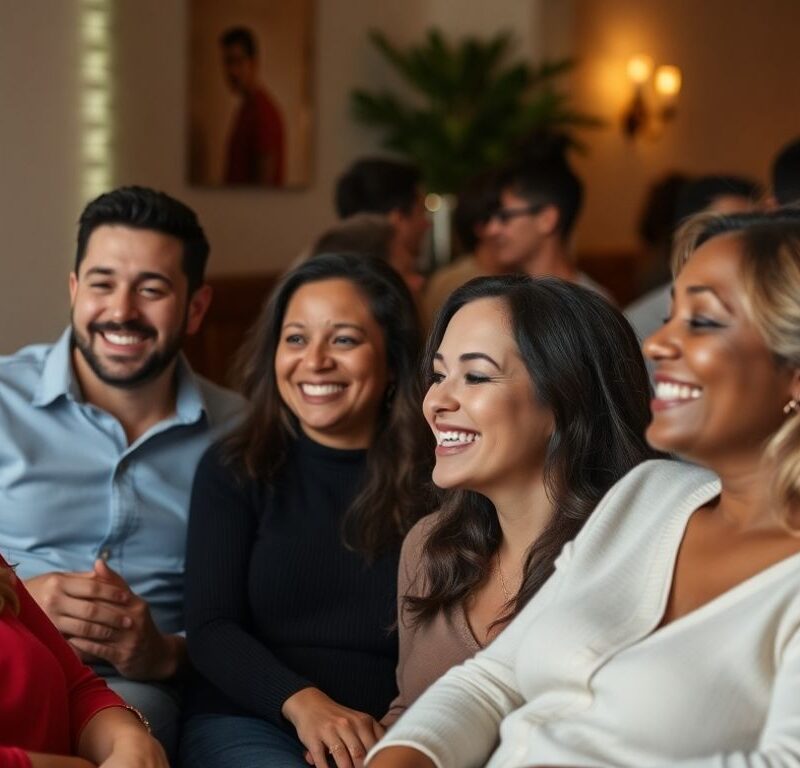 Couples sharing intimate moments and conversation in comfortable settings.