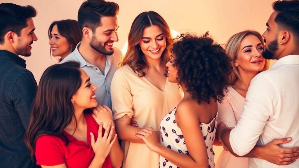 Couples sharing intimate moments in a warm, sensual atmosphere.