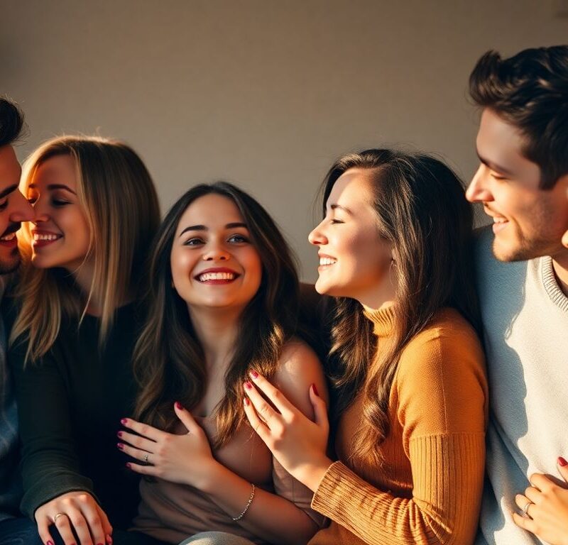 Couples sharing intimate moments in a warm setting.