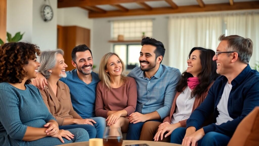 Couples socializing in a comfortable living room.