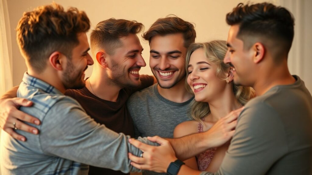 Diverse LGBTQ+ people in affectionate, intimate poses.