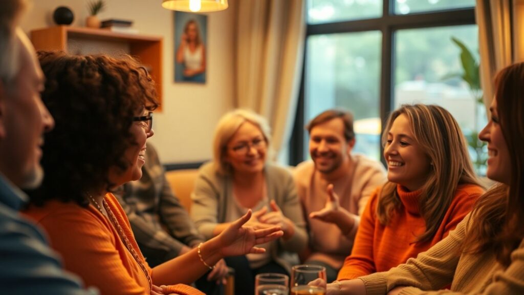 Diverse adults connect warmly in a cozy, intimate setting.