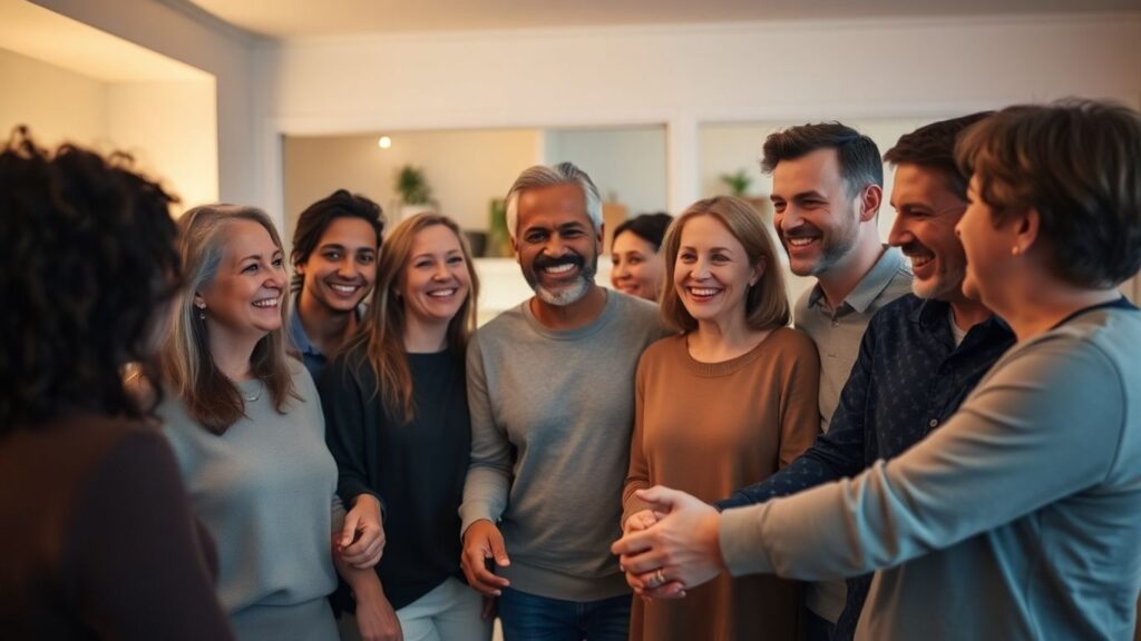 Diverse adults connecting in a warm, intimate setting.