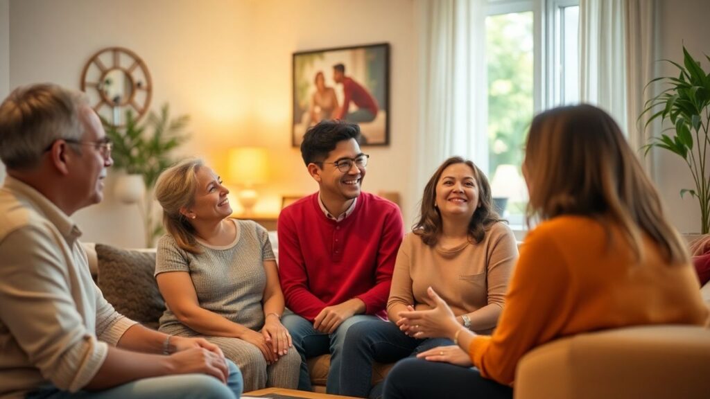Diverse adults connecting in a warm, intimate setting.