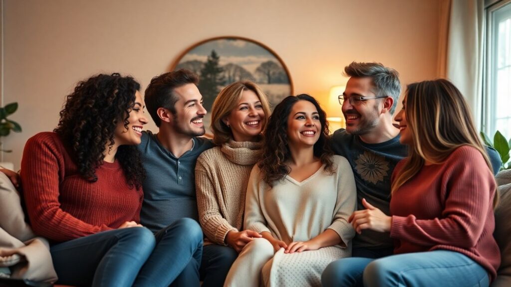 Diverse adults connecting in a warm, intimate setting.