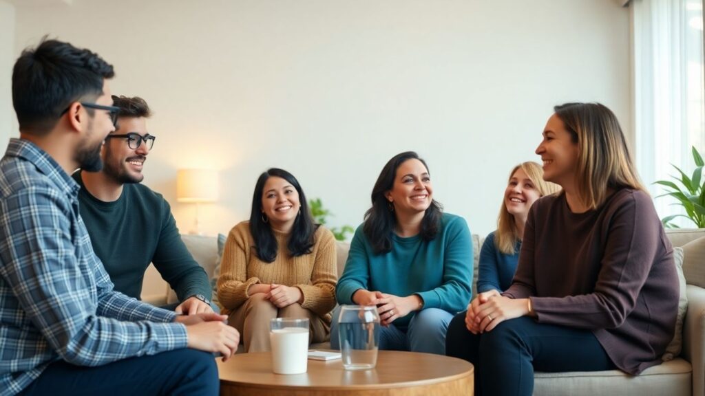 Diverse adults connecting in a warm living room.