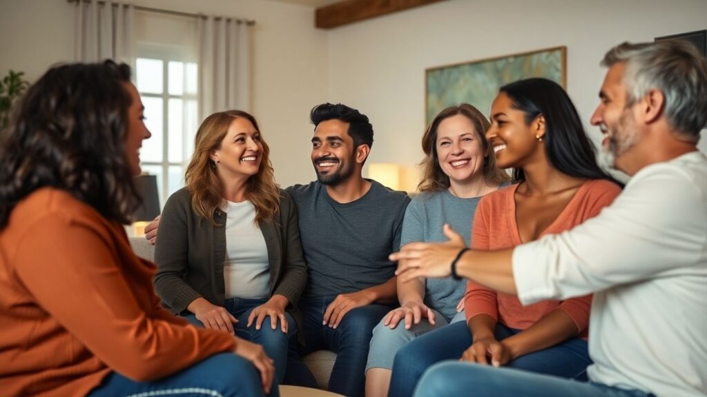 Diverse adults connecting intimately in a comfortable setting.