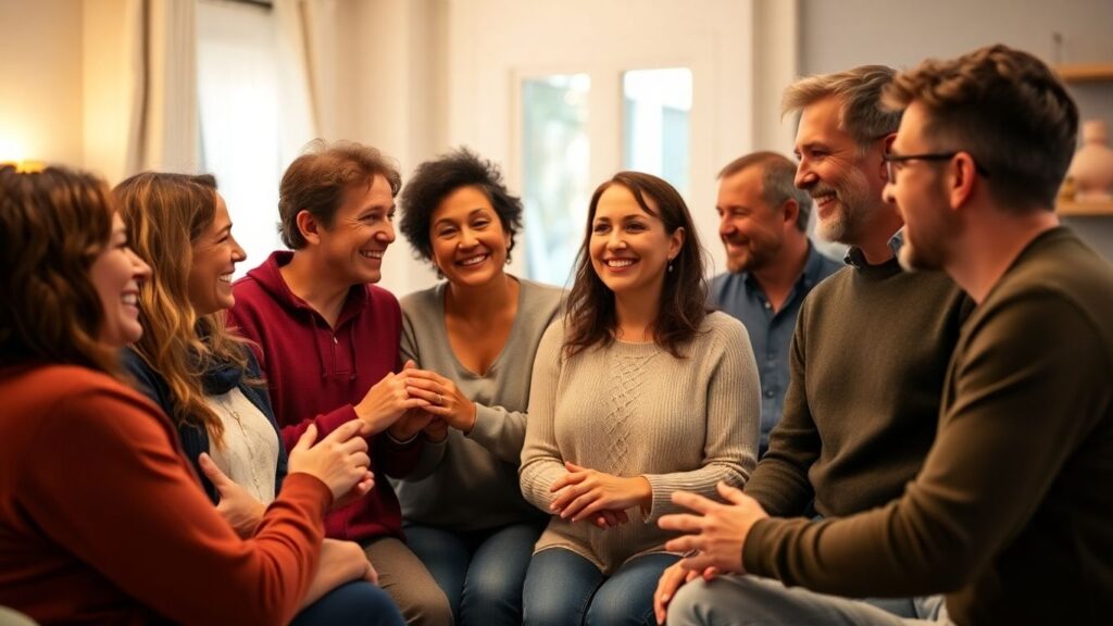 Diverse adults connecting intimately in a cozy setting.