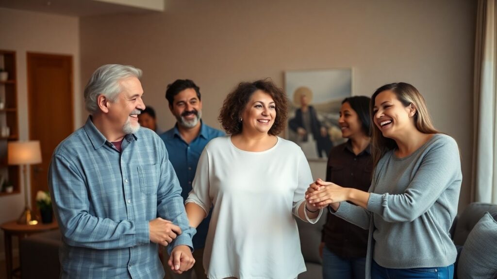 Diverse adults in a comfortable, intimate setting.