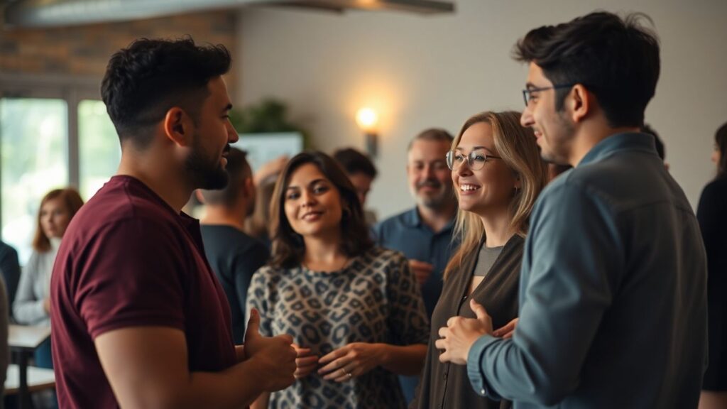 Diverse adults in a social setting, conveying openness.