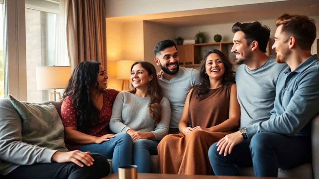 Diverse adults in a warm, intimate setting.