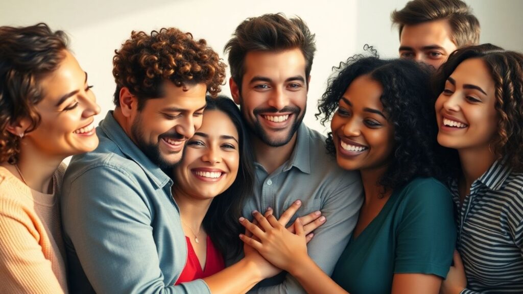 Diverse adults in affectionate, comfortable relationship poses.
