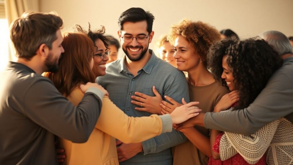 Diverse adults in affectionate, communal poses.