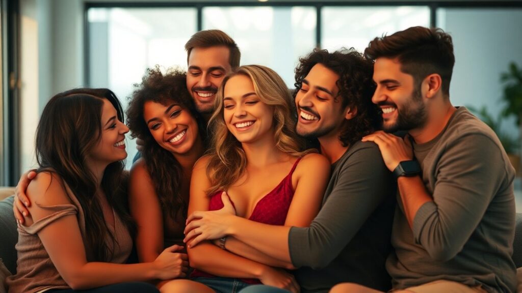 Diverse adults in affectionate, intimate poses.