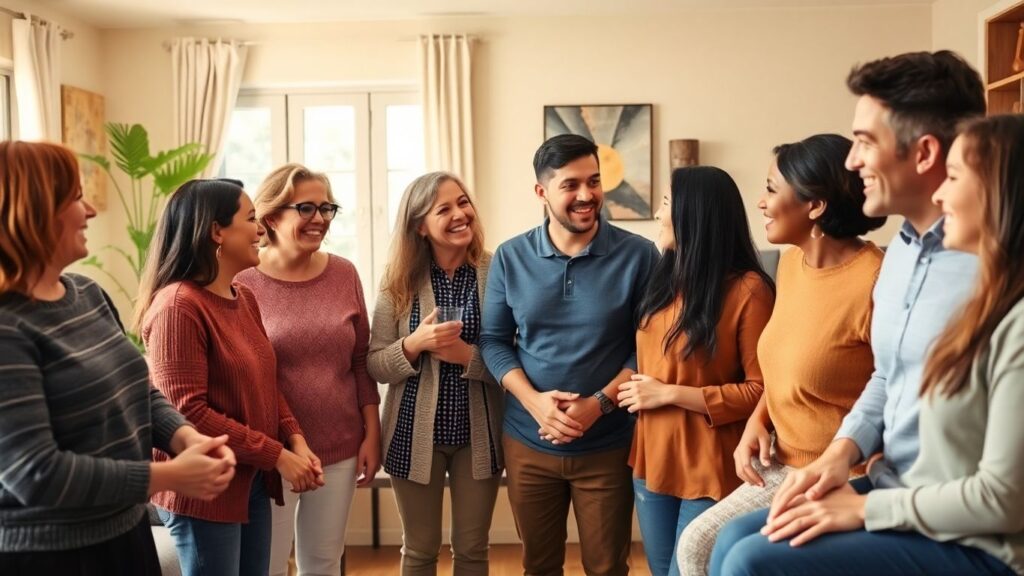 Diverse adults interacting warmly in a comfortable setting.