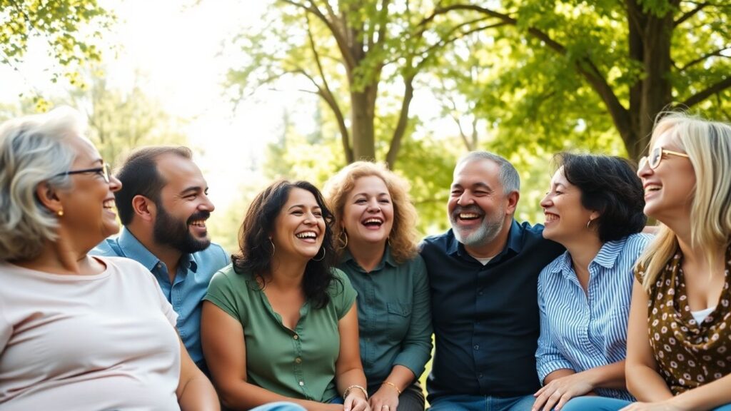 Diverse adults laughing together in a sunlit park.