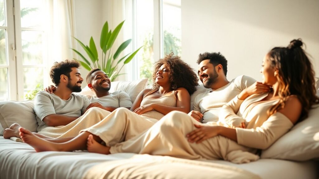 Diverse adults relaxing together on a sunlit bed.