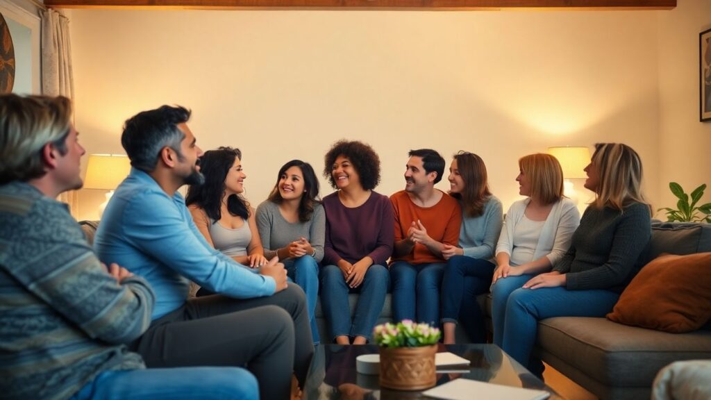 Diverse adults sharing intimate moments in a comfortable setting.