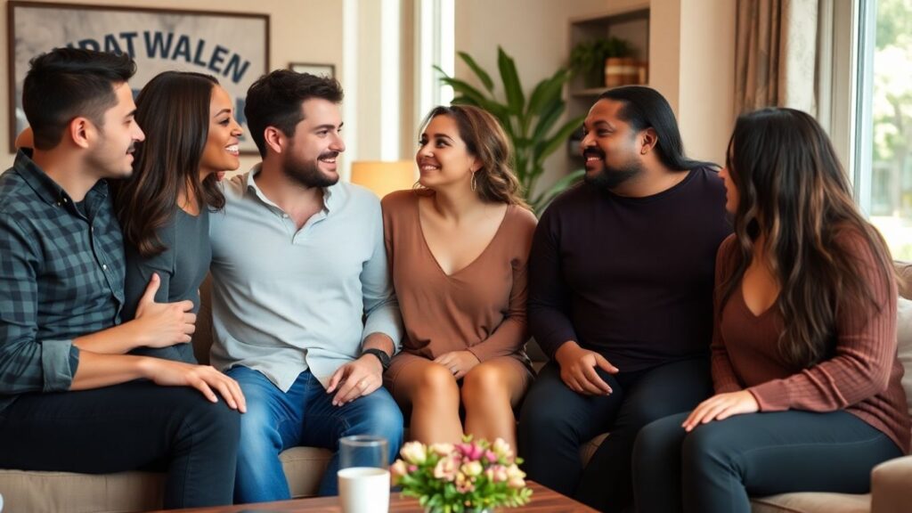 Diverse adults sharing intimate moments in a relaxed setting.