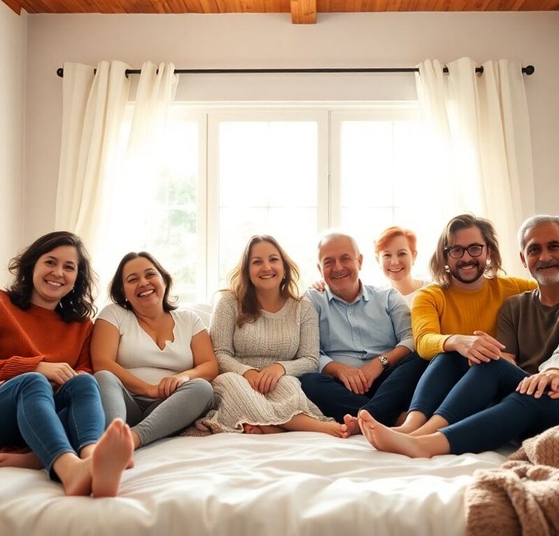 Diverse adults smiling together in a cozy sunlit bedroom.